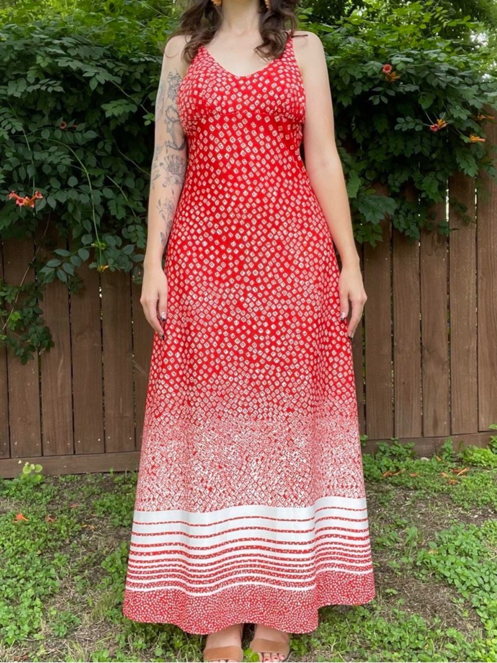 Vintage 1970s Red & White Maxi Dress